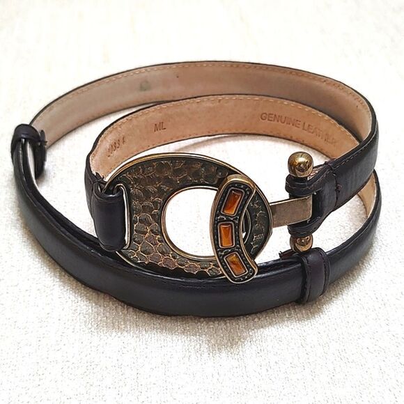 Dark Brown Leather Hammered Brass Toggle Buckle Adjustable Belt Size M/L - Picture 1 of 9